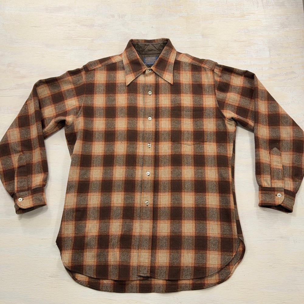 Pendleton Wool Shirt Vintage Plaid Quilted Collar Large Brown Orange Mens